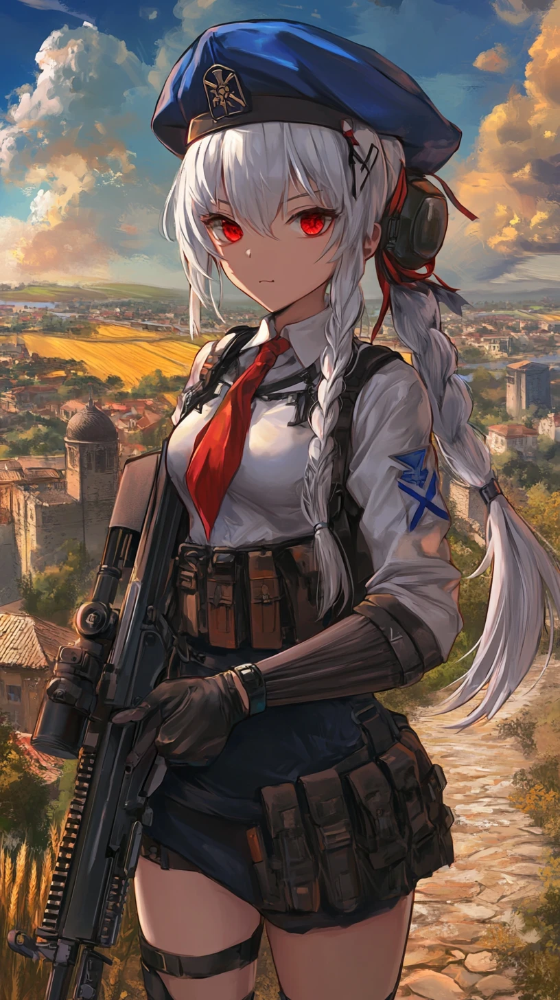 Chica de anime con uniforme de oficial, trenzas y ojos rojos