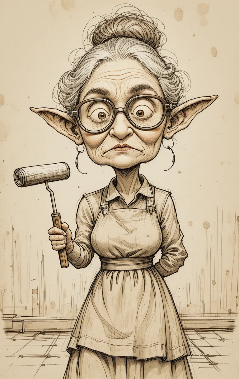 Mujer mayor con rodillo de pintura en estilo de boceto caprichoso