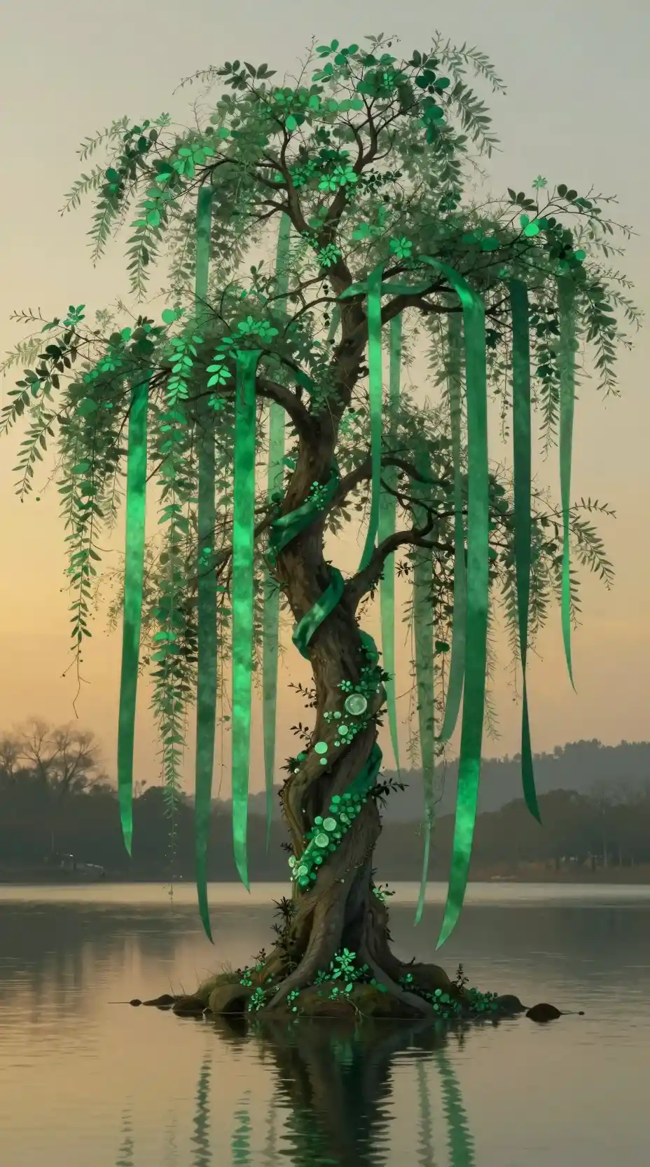 Árbol alto reflejado sobre un lago tranquilo a la hora dorada