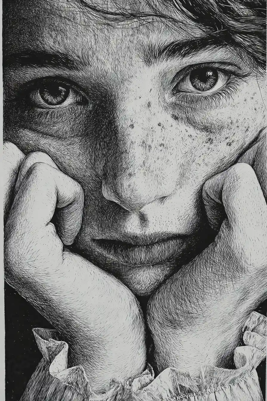 Ink close up portrait of a pensive young woman
