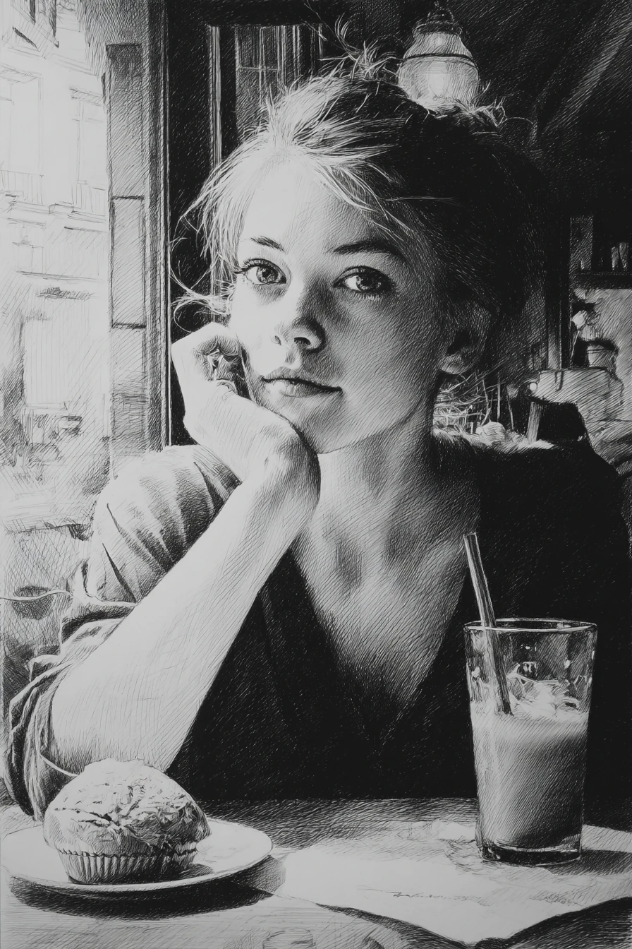 Young woman sketch at a cafe table with coffee