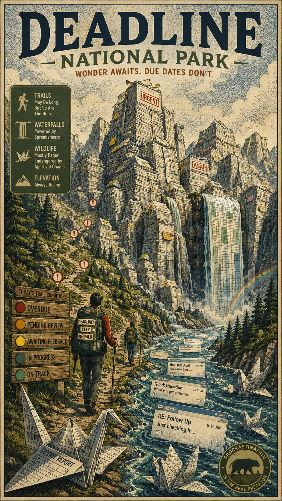 Paisaje Surrealista de Montañas de Plazos como Póster de Viaje Vintage