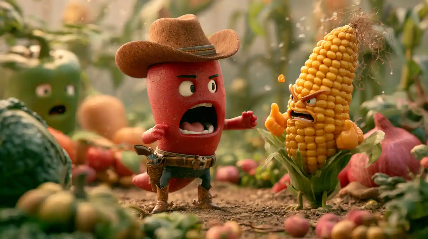 Cartoon-Chili-Cowboy, der wütenden Mais im Garten anschreit