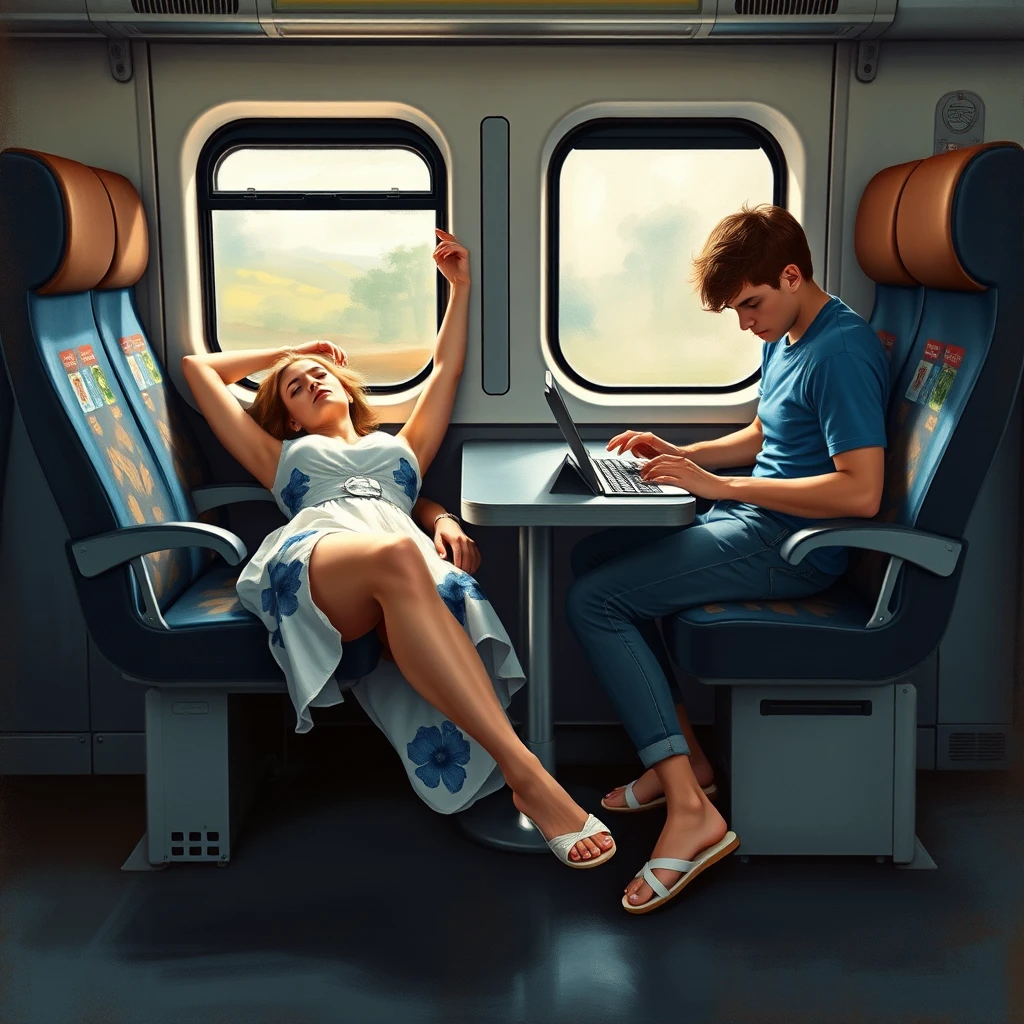 Mujer de mediana edad descansando en un tren en estilo de pintura al óleo