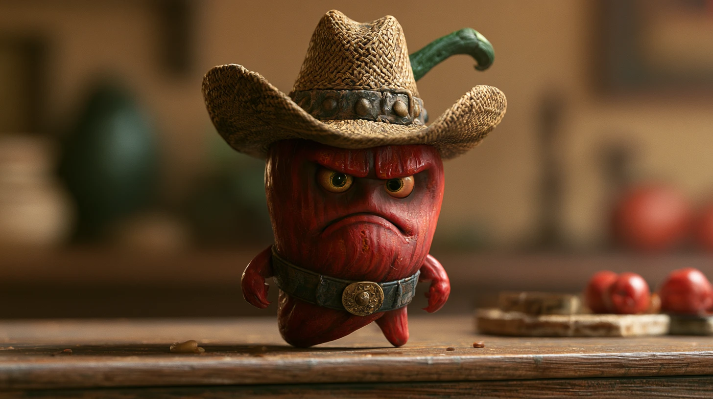 Angry Chili Pepper Cowboy Standing On A Kitchen Table