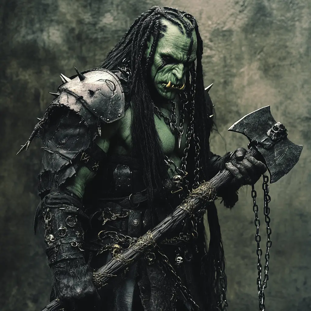 Grim Orc Warrior In Black Leather Coat With Battle Axe
