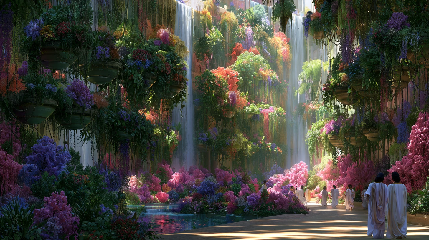 Lush Hanging Gardens Of Babylon With Cascading Waterfalls