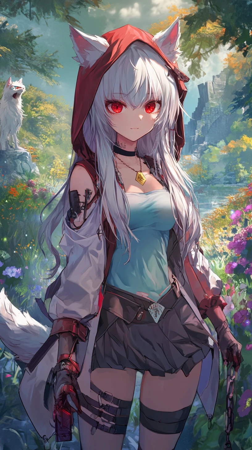 Anime girl on a tropical island with castle ruins