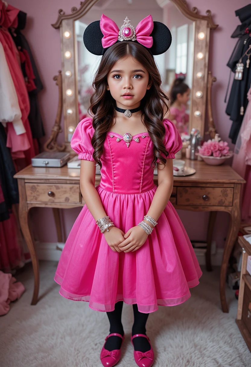 Preadolescente nervioso con traje de princesa rosa frente al tocador