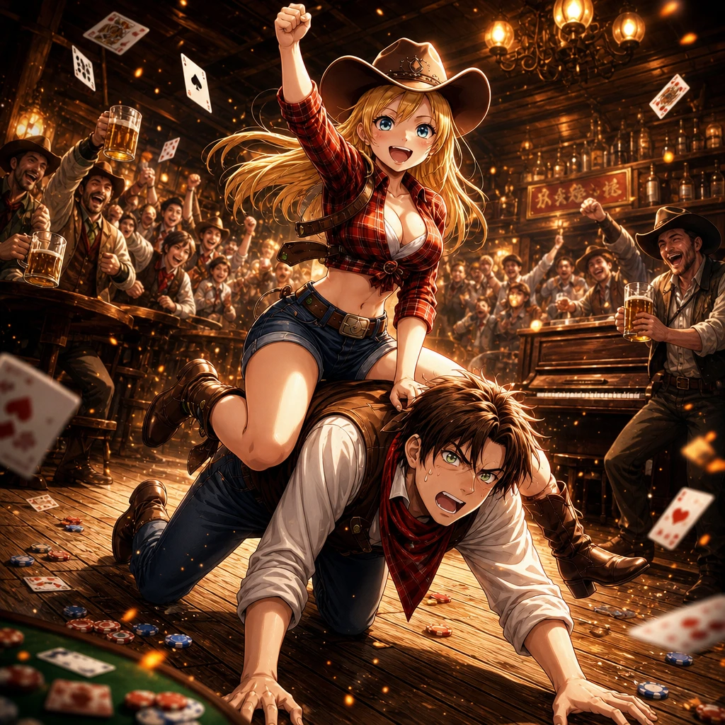 活気ある酒場で驚いた男にまたがるカウガール