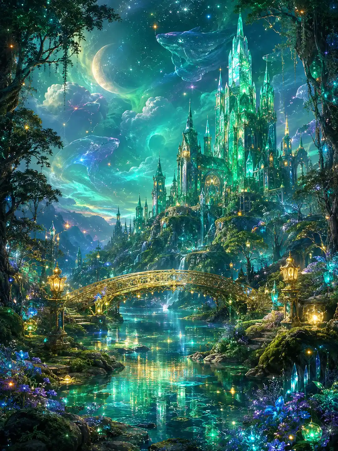 Castillo de cristal esmeralda sobre un bosque fantástico resplandeciente