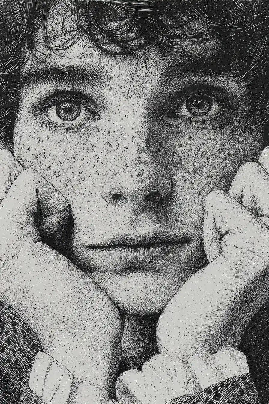 Somber close up ink portrait of a young woman