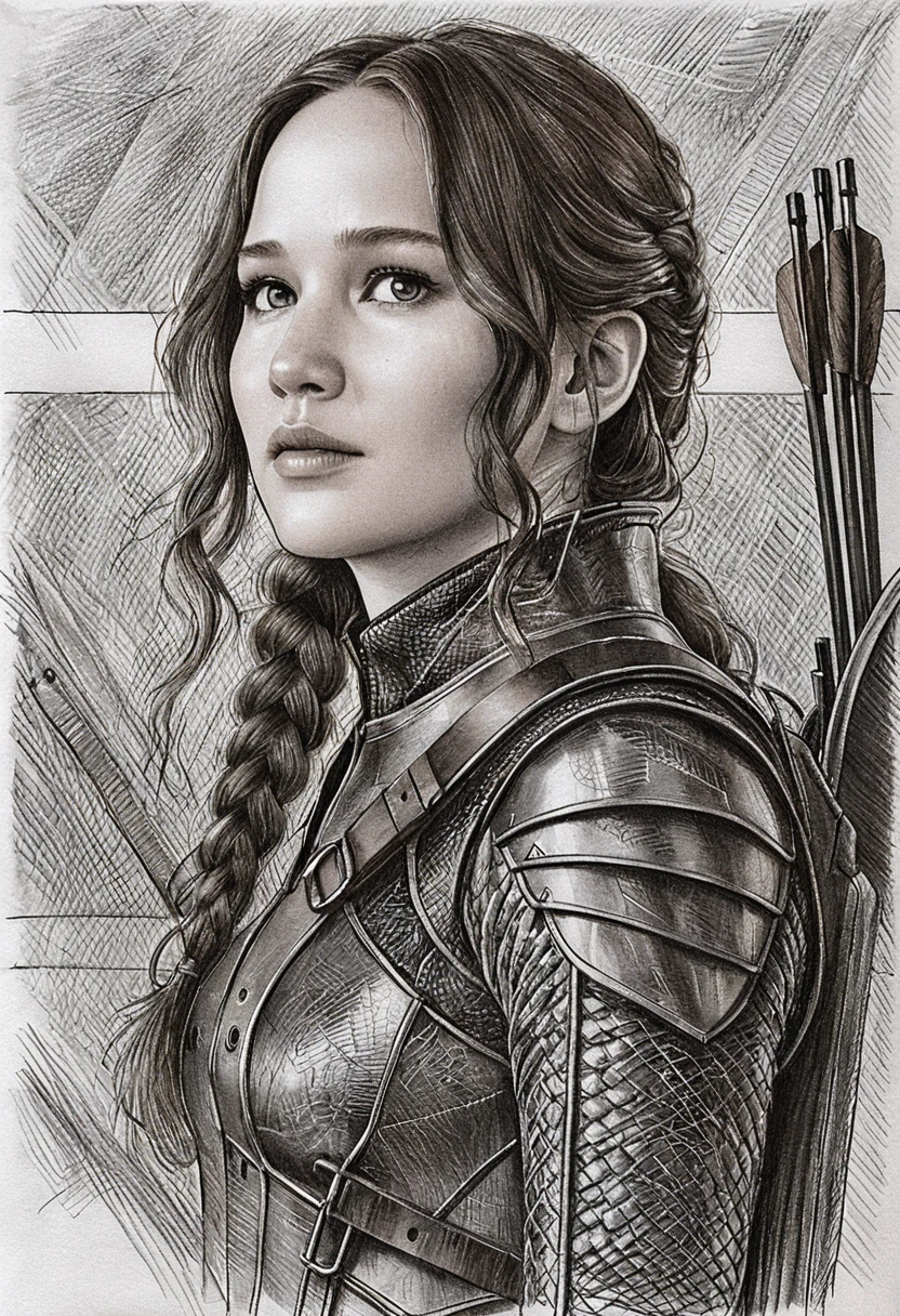 Graphite portrait of a determined female archer in armor