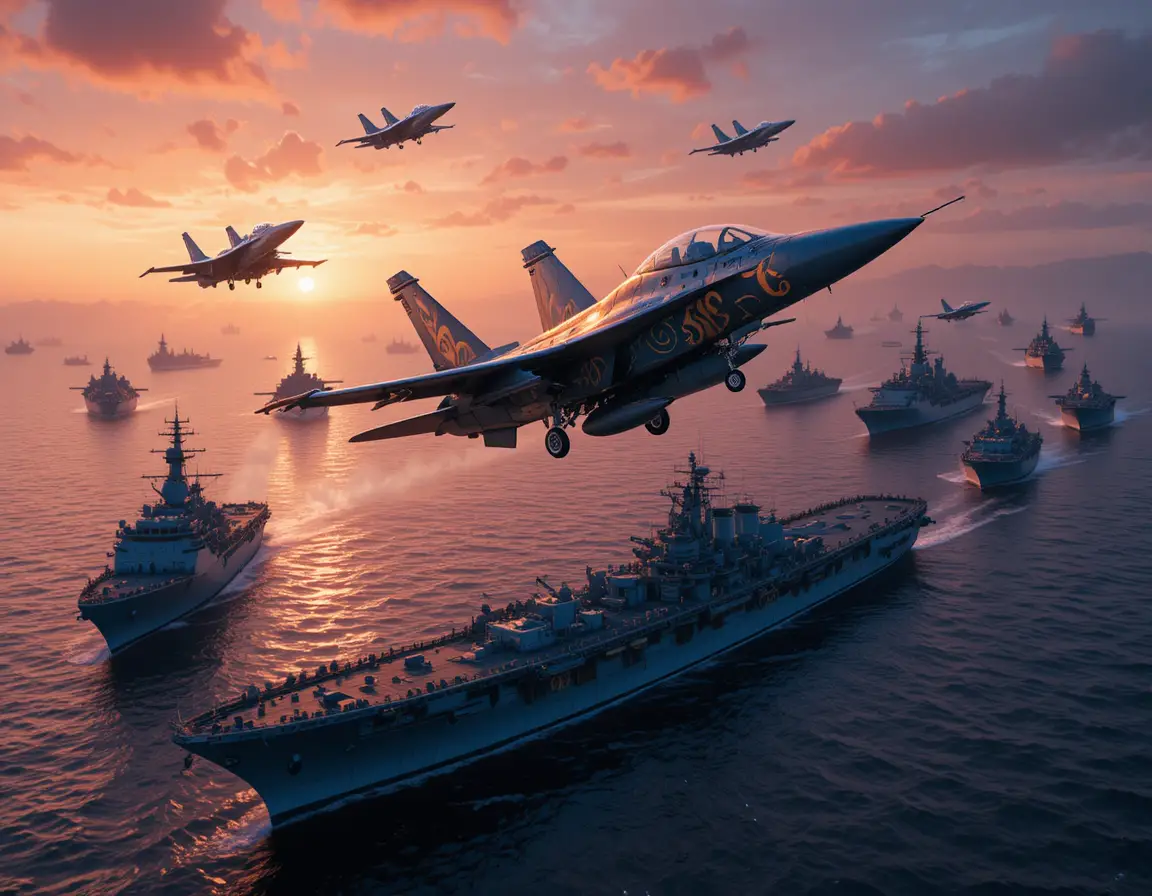 Modern warships and fighter jets at sunset over the sea