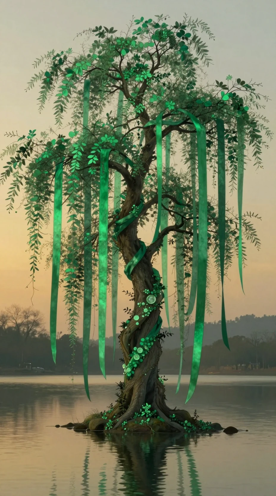 Árbol alto reflejado sobre un lago tranquilo a la hora dorada