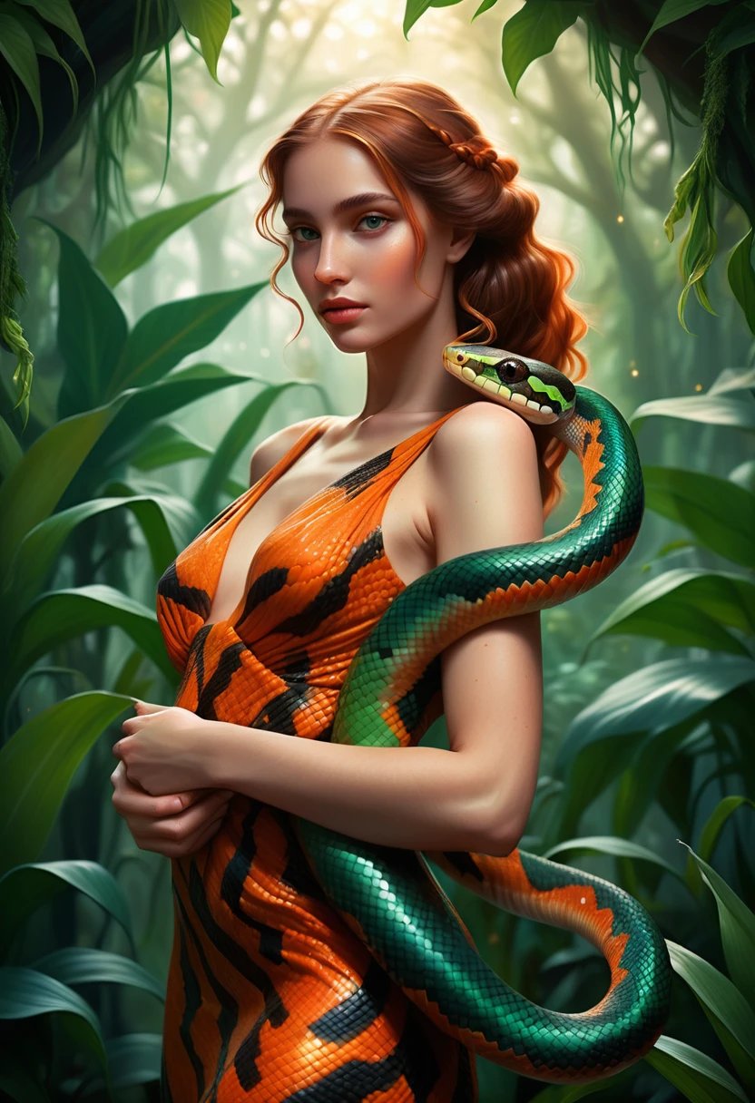 Joven sosteniendo una exótica serpiente del maíz en la jungla
