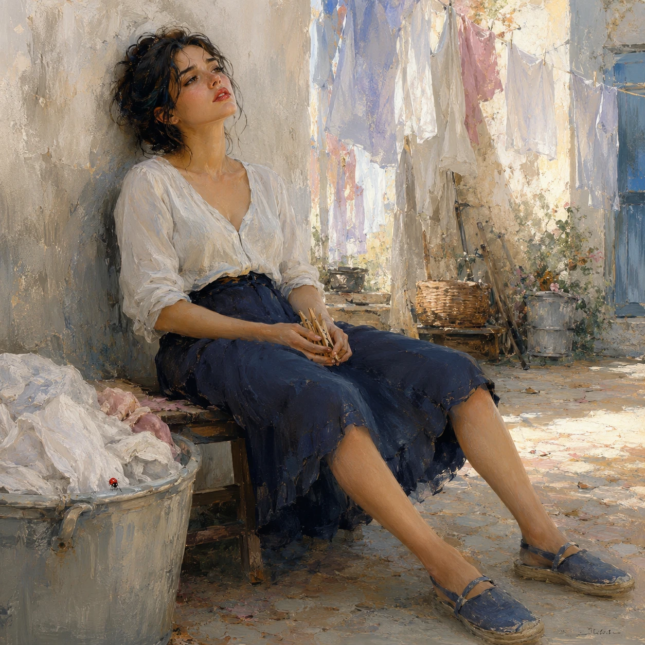 Mujer cansada descansando en un banco en un patio tranquilo