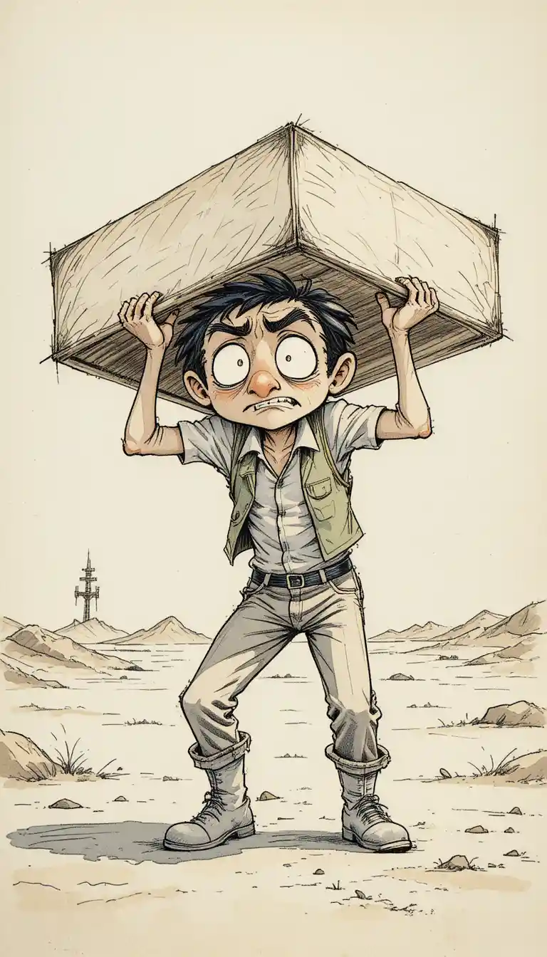 ラフなシーンで重い板を運ぶ漫画風の男性