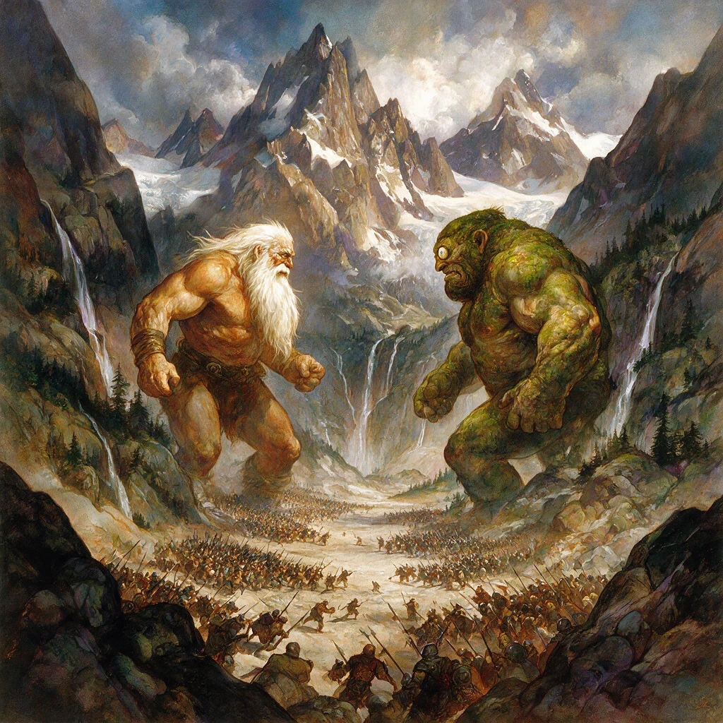 Colossal Barbarian And Cyclops Facing Off In Mountain Valley
