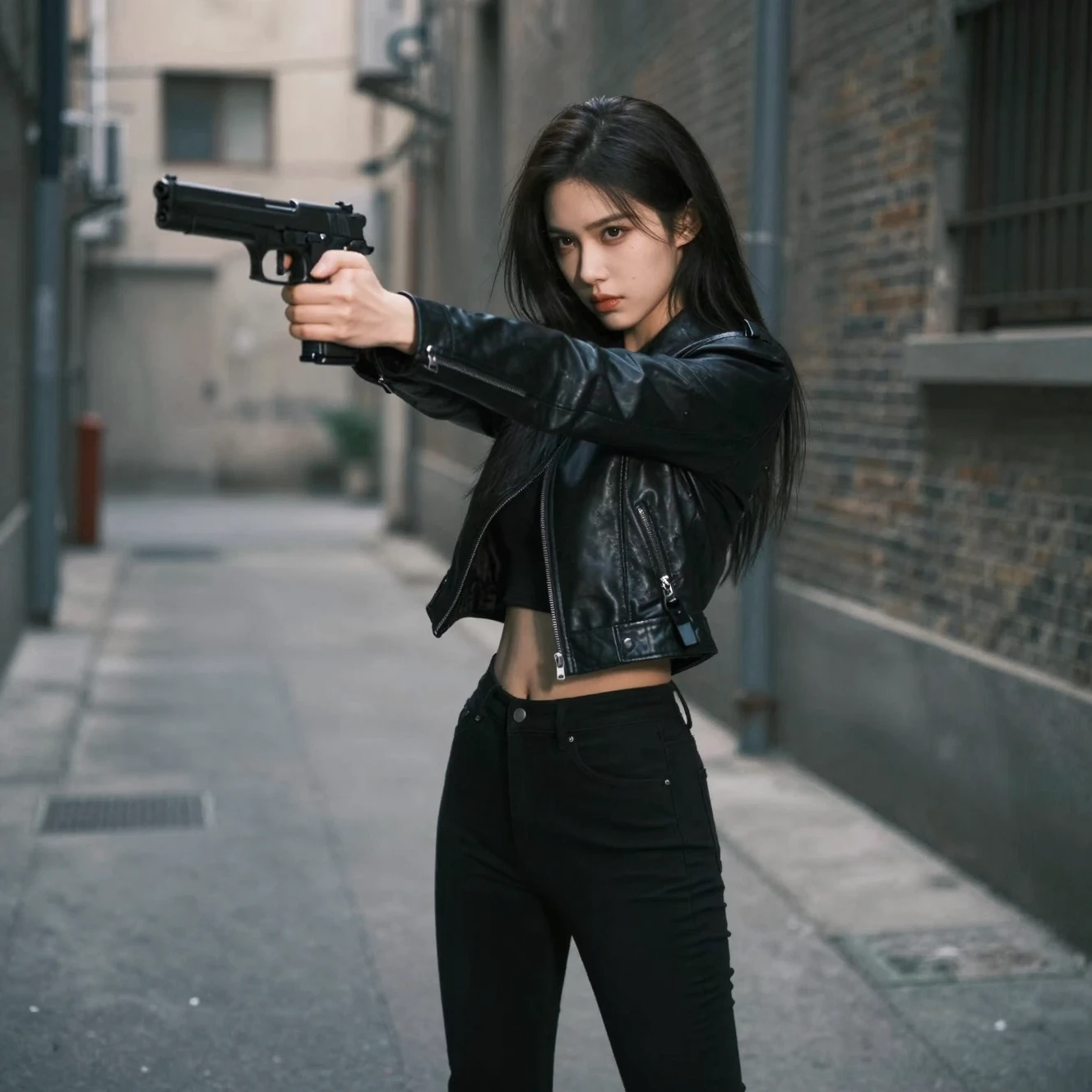 Asesina apuntando una pistola en un oscuro callejón urbano