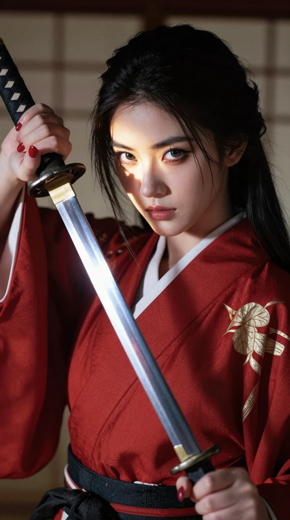 Feroz samurái guerrera con katana en interior japonés