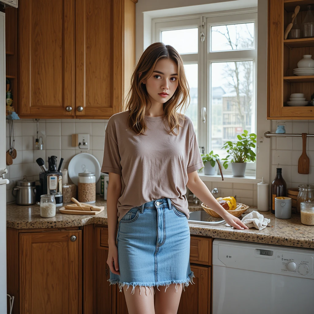 Mujer holandesa lavando platos en la cocina de un pequeño apartamento