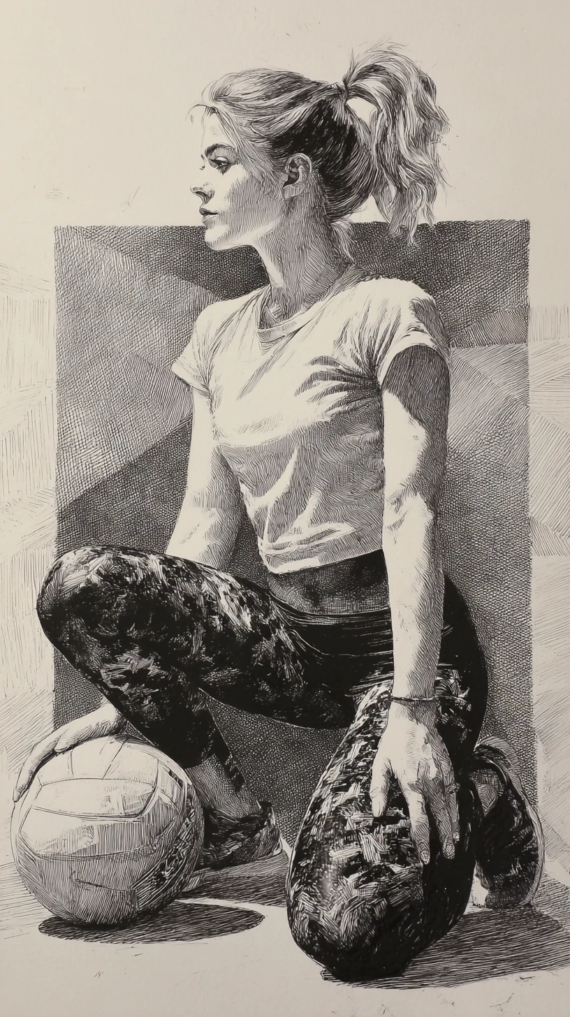 Chica atlética en cuclillas con balón de voleibol en dibujo a tinta