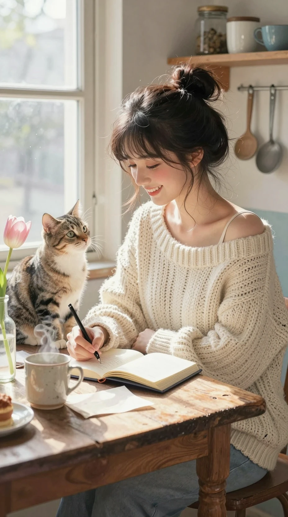 Cálida mañana anime con mujer escribiendo junto a la ventana