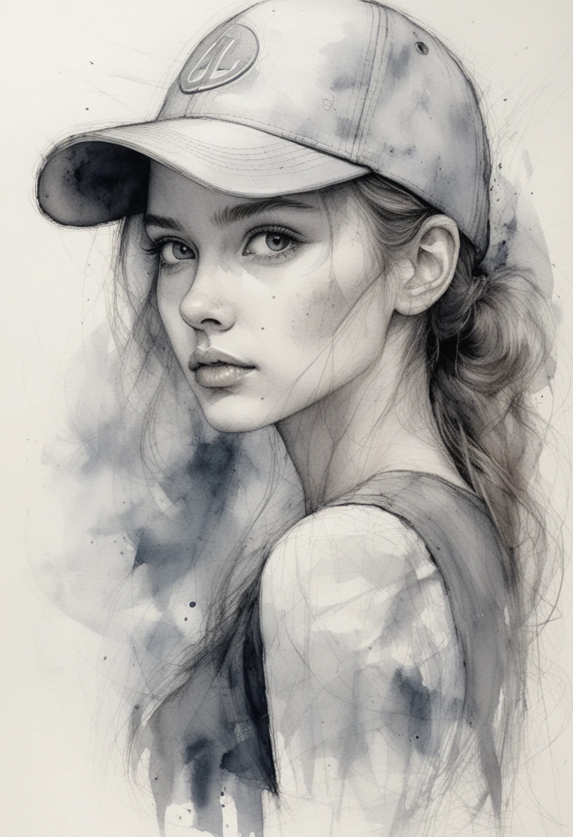 Close up ink scribble portrait of a young woman