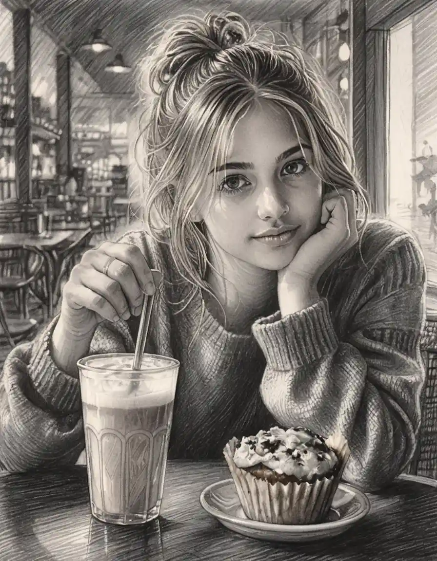 Giovane donna che disegna al tavolo di un caffè con caffè e muffin