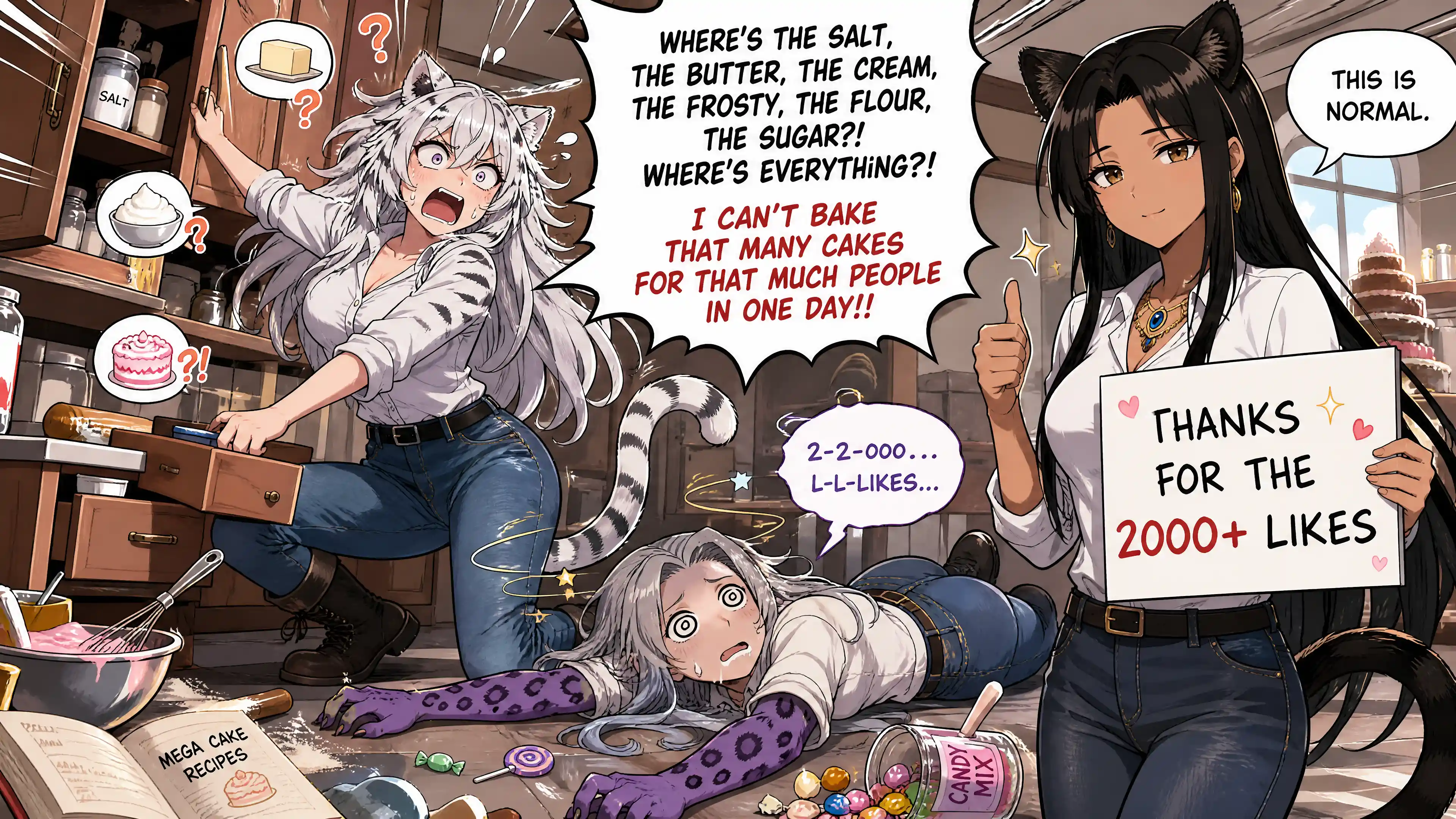 Energiegeladene Anime-Tigermädchen in Panik in einer geschäftigen Küche