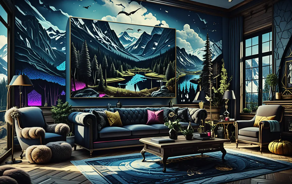 Dark fantasy gallery room with Montana forest fire paintings