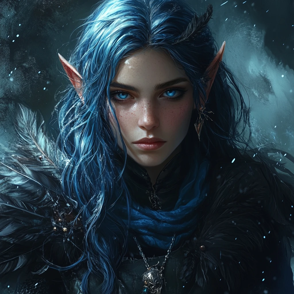 Strega elfica dai capelli blu che brandisce magia della tempesta in un dark fantasy
