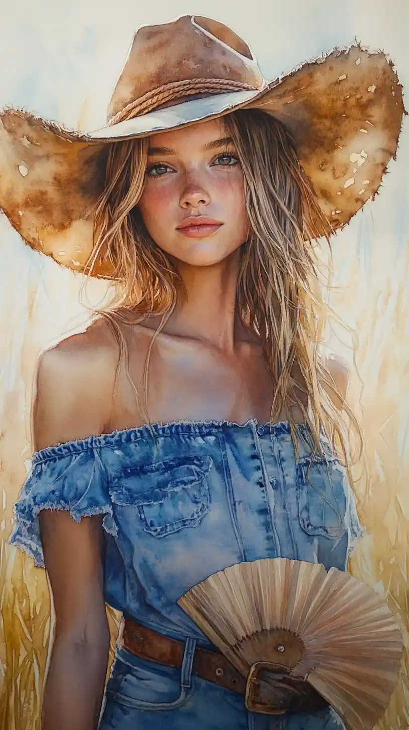 Retrato en acuarela de una chica bañada por el sol con sombrero vaquero