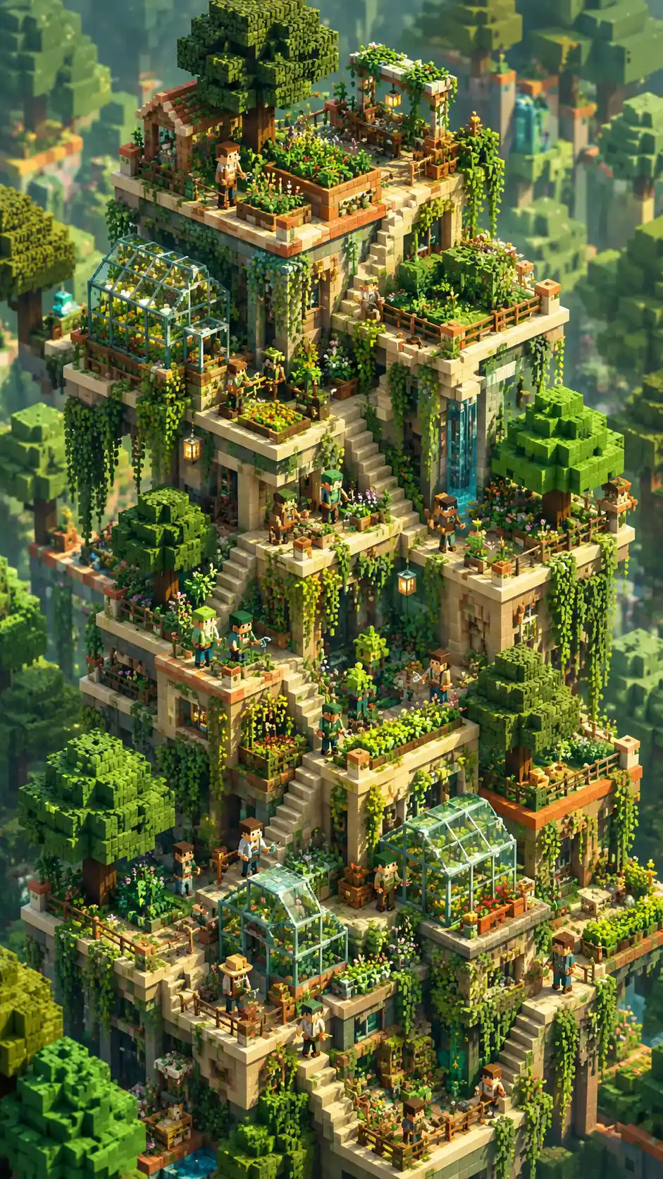 Voxel garden tower stacked with lush terraces and trees