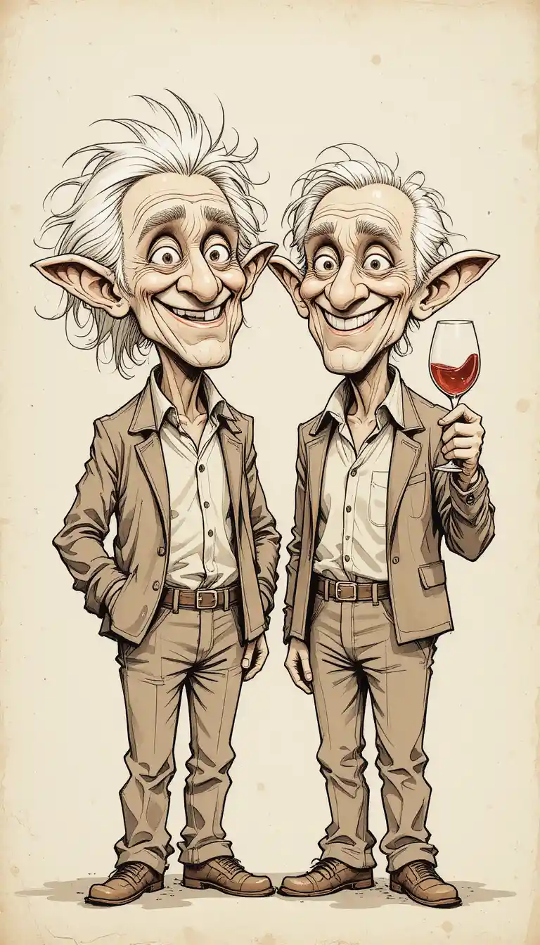 Dos hombres mayores compartiendo vino en una alegre escena de dibujos animados