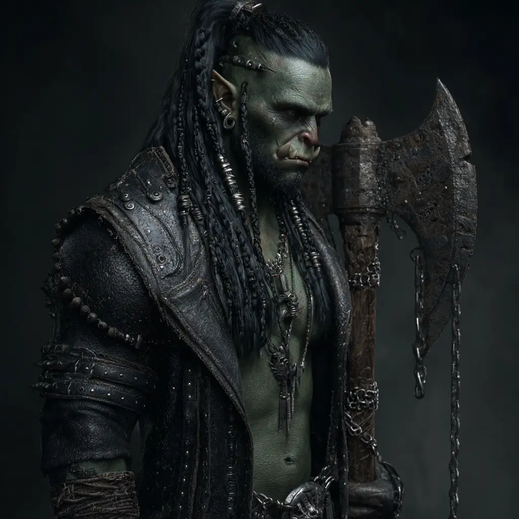 Grim Orc Warrior In Black Leather Coat With Battle Axe