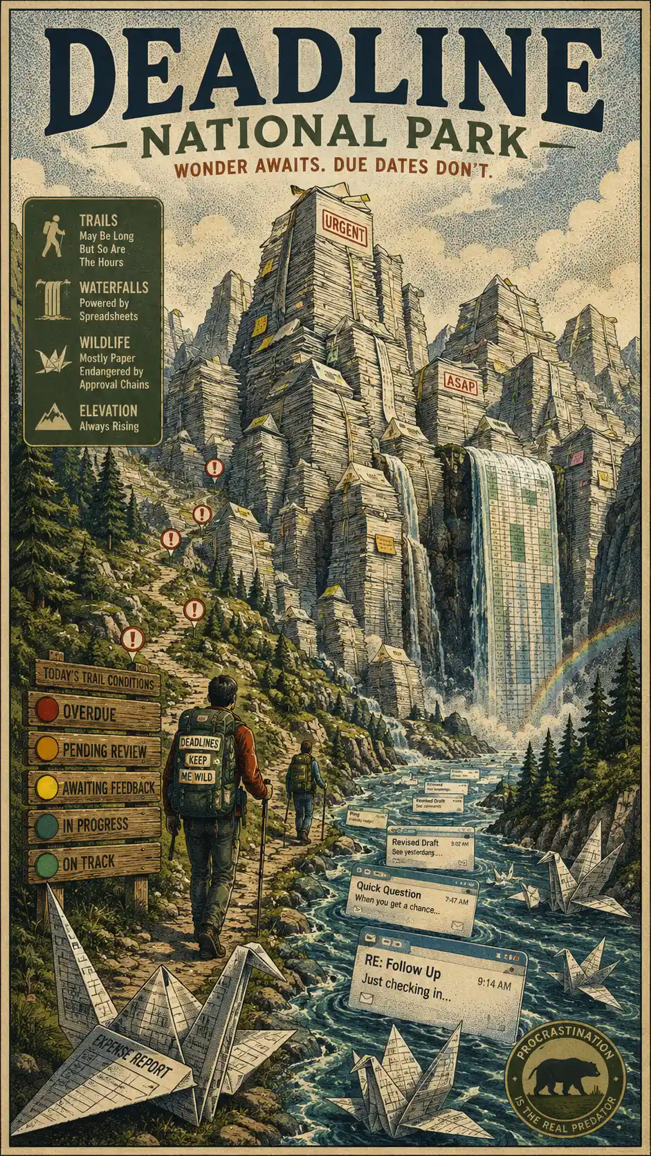 Paisaje Surrealista de Montañas de Plazos como Póster de Viaje Vintage