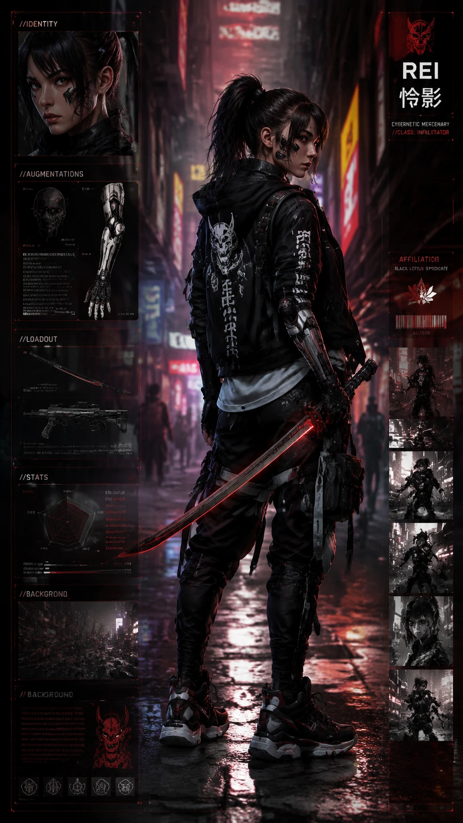 Cyberpunk-Söldner in neonbeleuchteter futuristischer Gasse bei Nacht