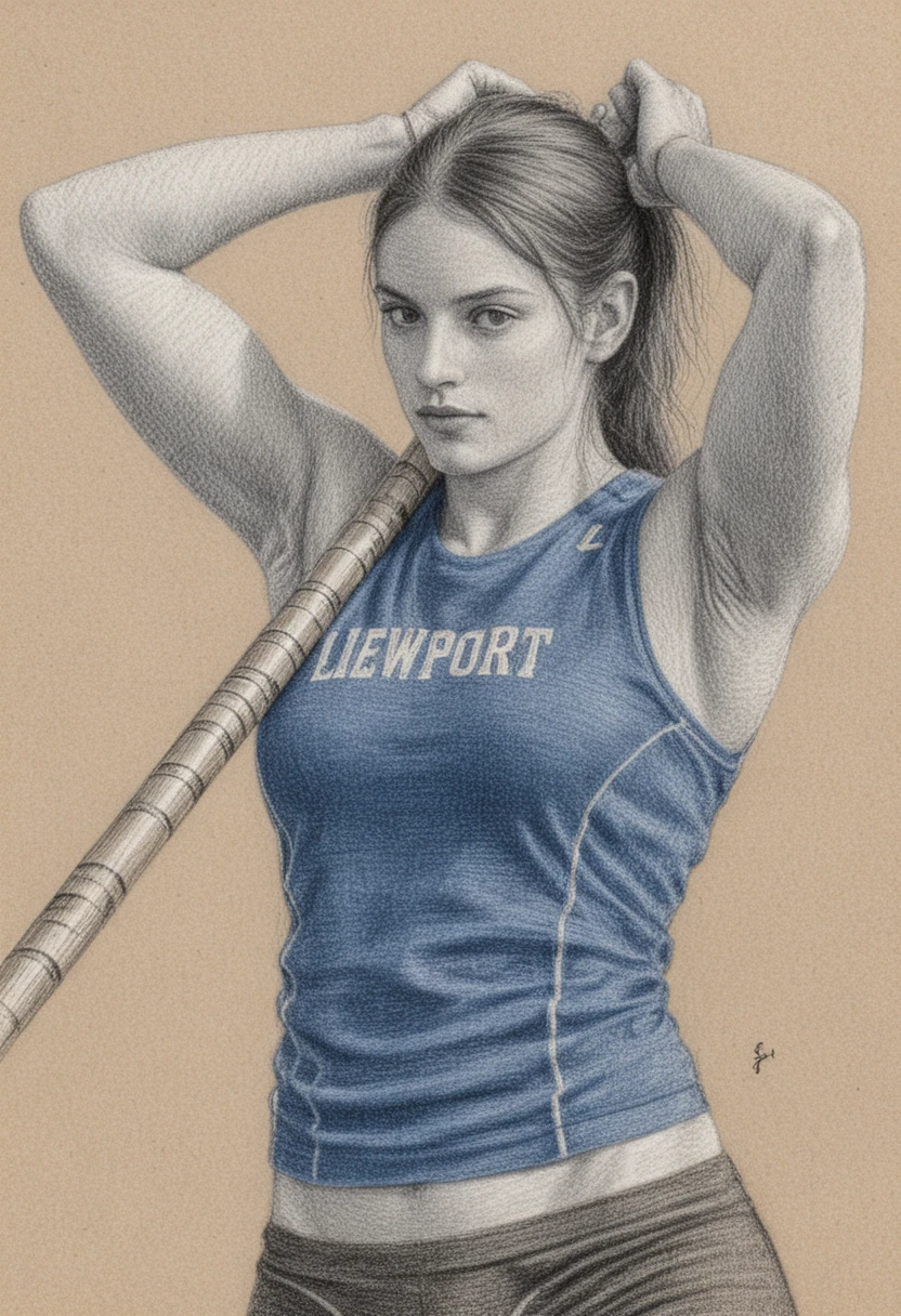 Athletic woman adjusting ponytail with pole on textured blue background