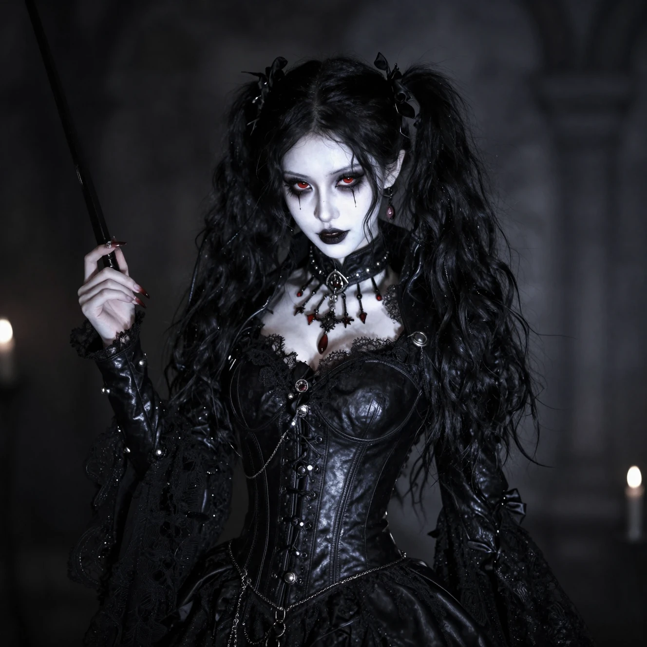 Dark vampire rogue woman with red eyes and shadowy magic
