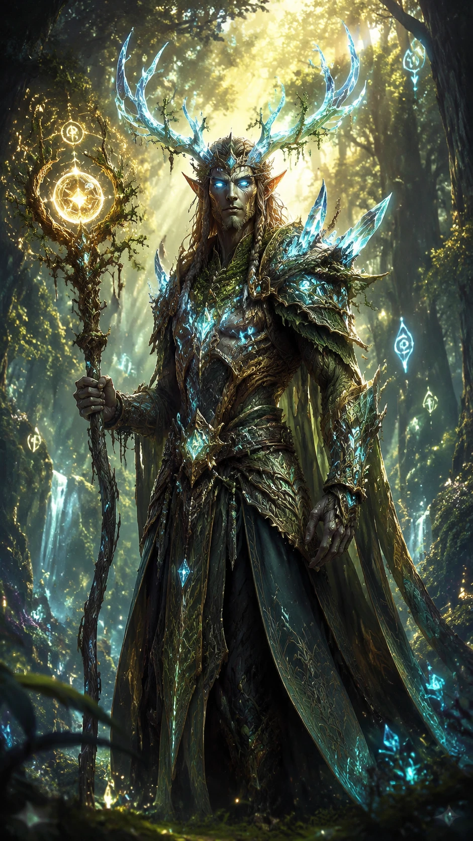 Mystical forest guardian with glowing antlers and arcane staff