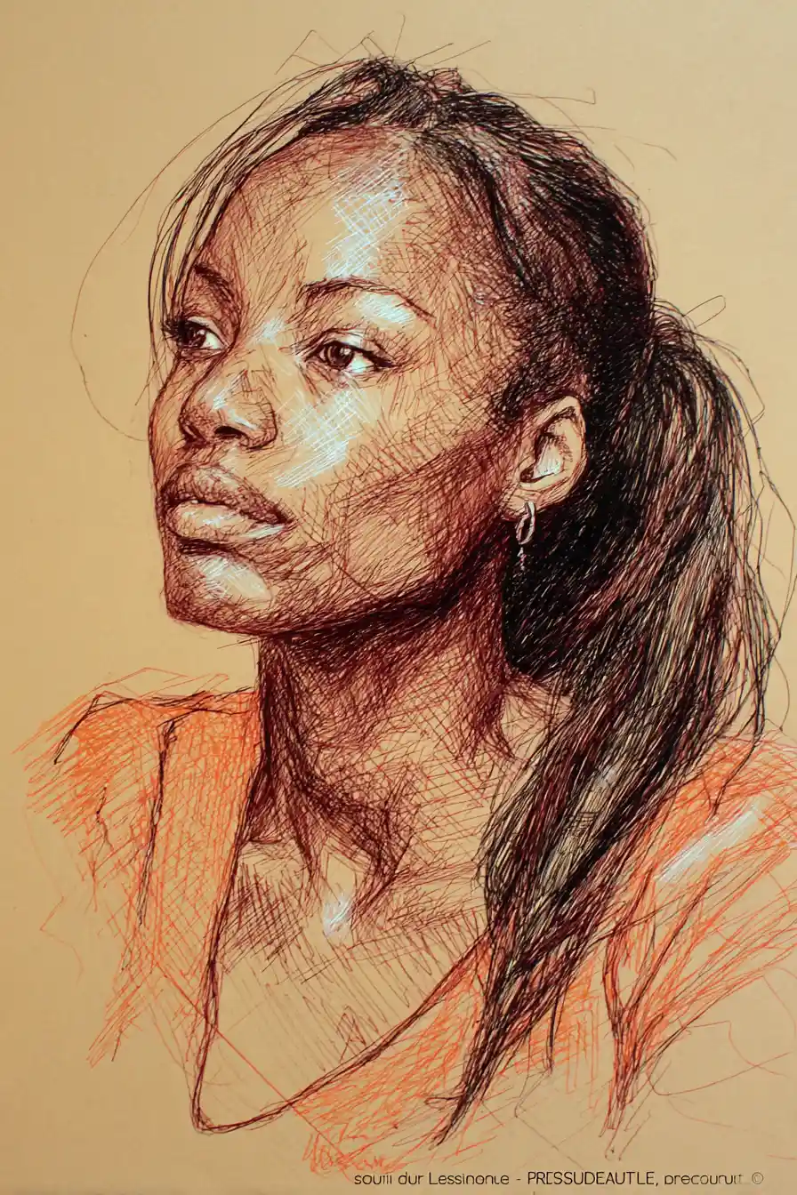 Pen drawing of a serene young woman in an Algeria football jersey