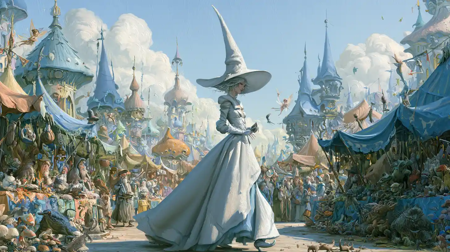 White witch walking through a bustling witches market