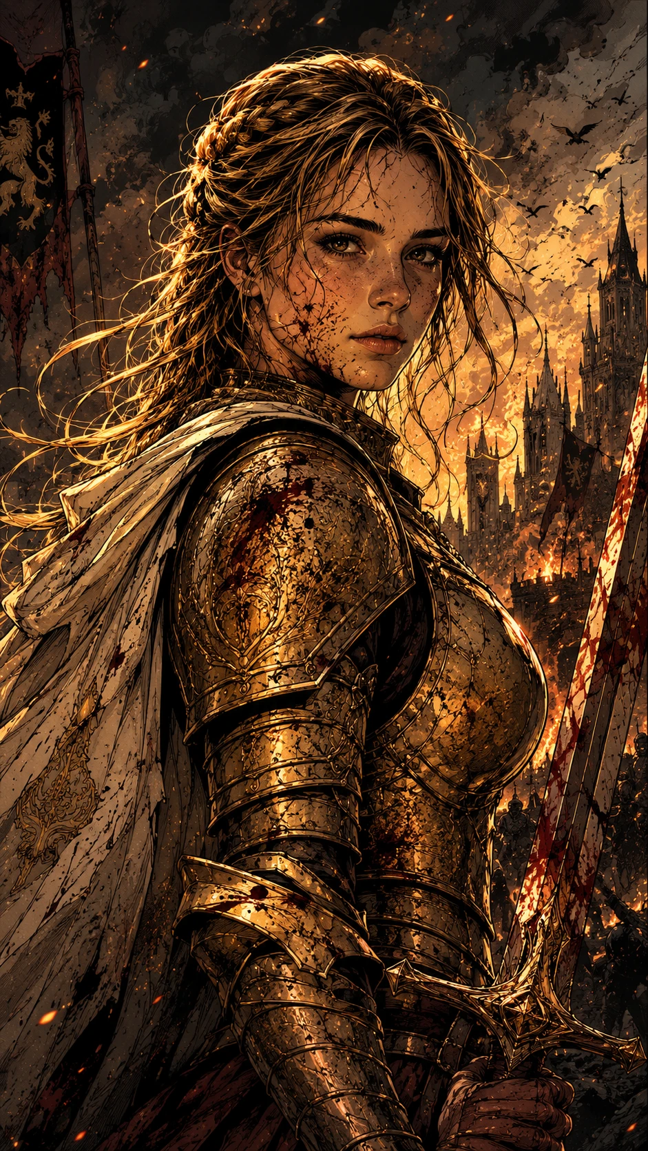 Illustrazione dark fantasy in stile graphic novel con linee a inchiostro