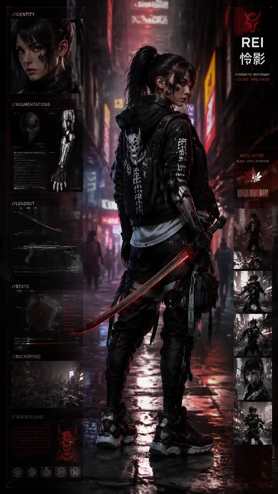 Cyberpunk-Söldner in neonbeleuchteter futuristischer Gasse bei Nacht