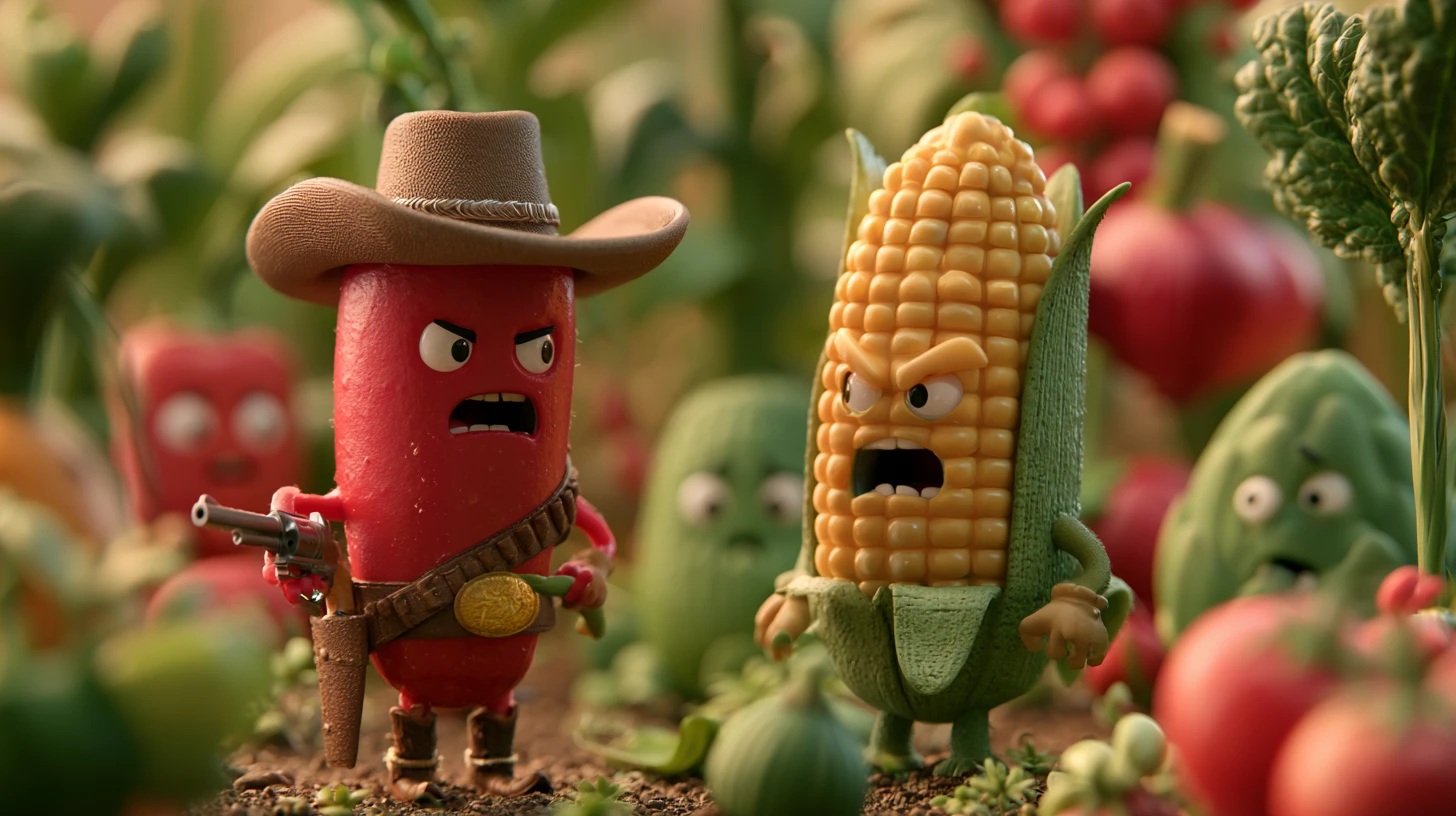 Cowboy chili pepper arguing with angry corn in garden