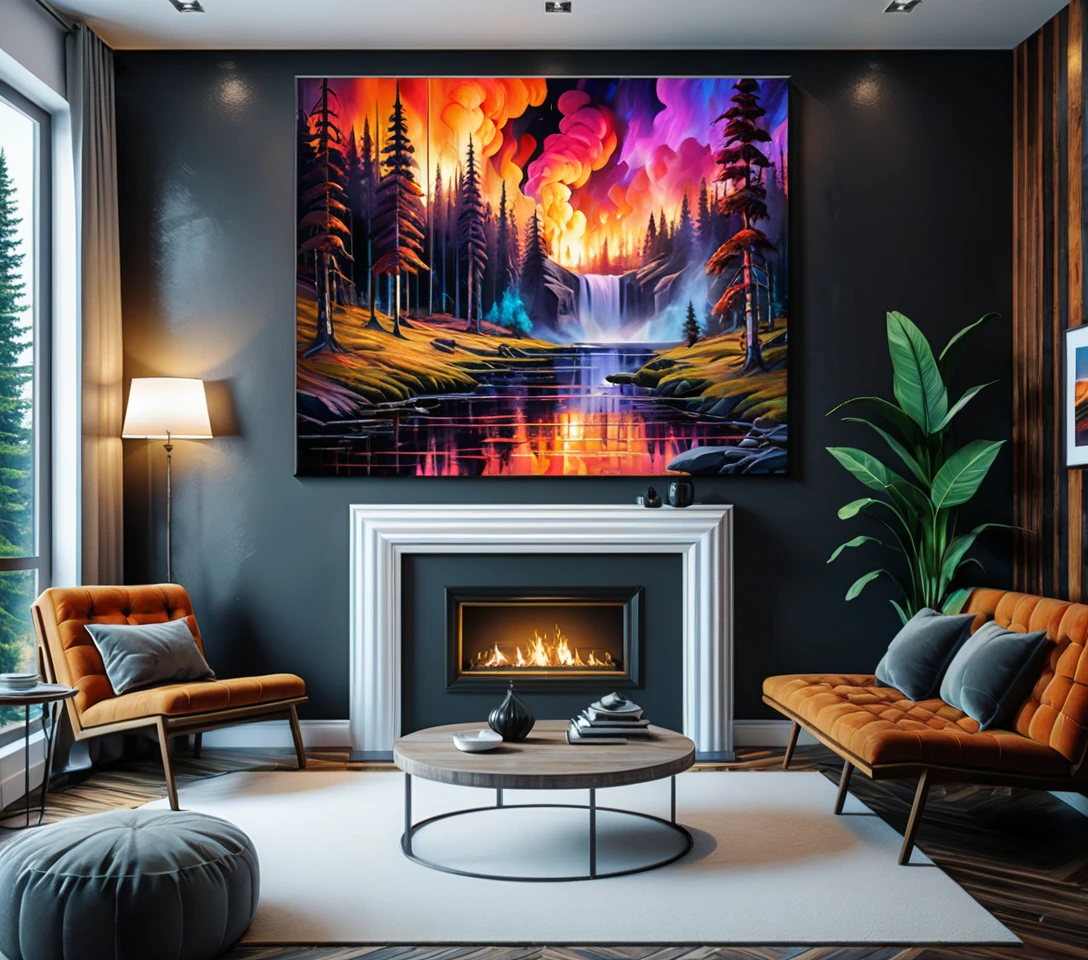 Dark fantasy gallery room with wall of framed paintings