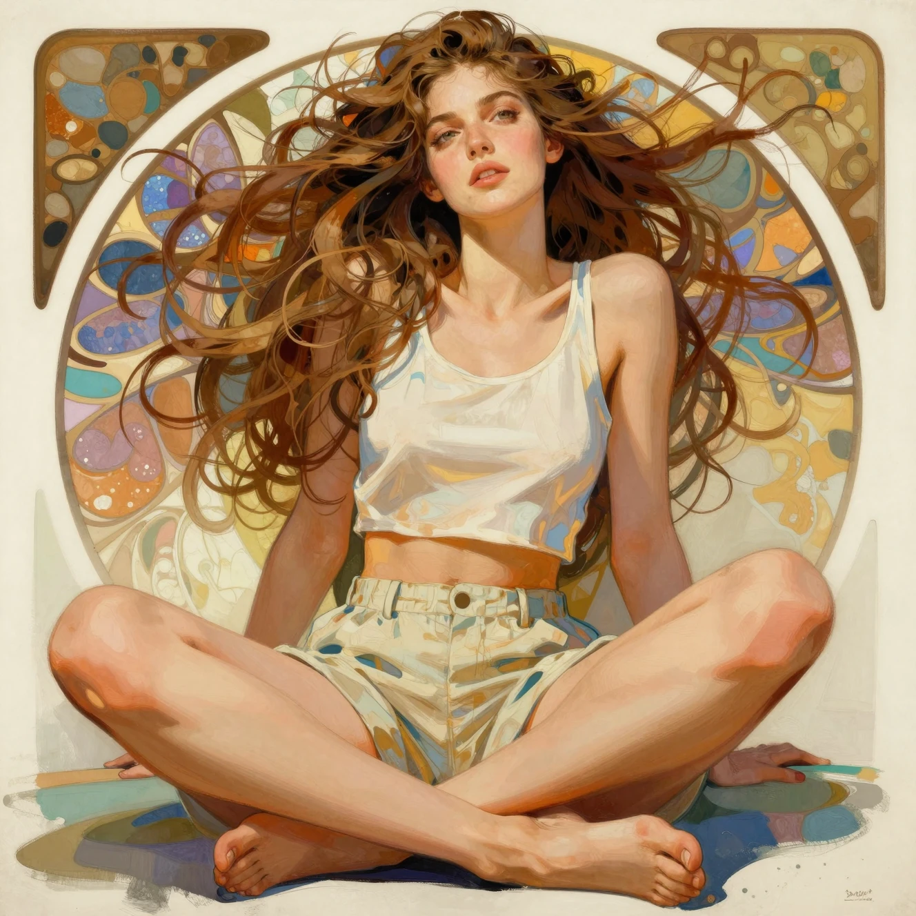 Pintura de moda en ángulo bajo de una mujer sentada y relajada