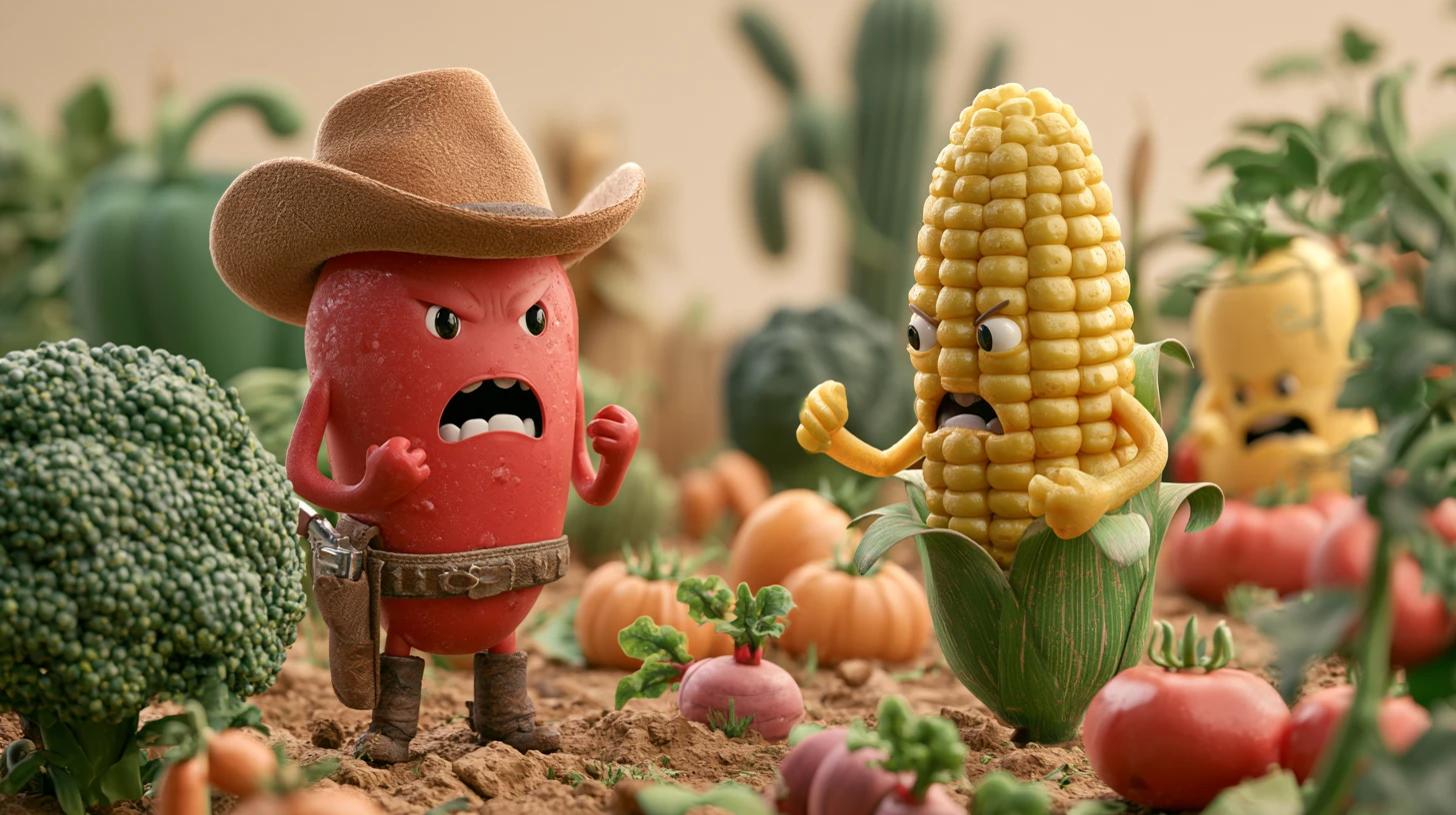 Cartoon chili cowboy yelling at angry corn in garden